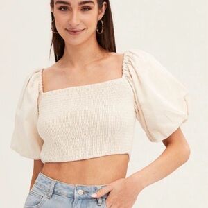 Olivaceous Smocked Square-Neck Puff Sleeve Crop Top - Cream